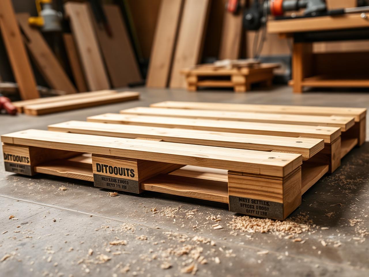 Custom-built wooden pallet on workshop floor