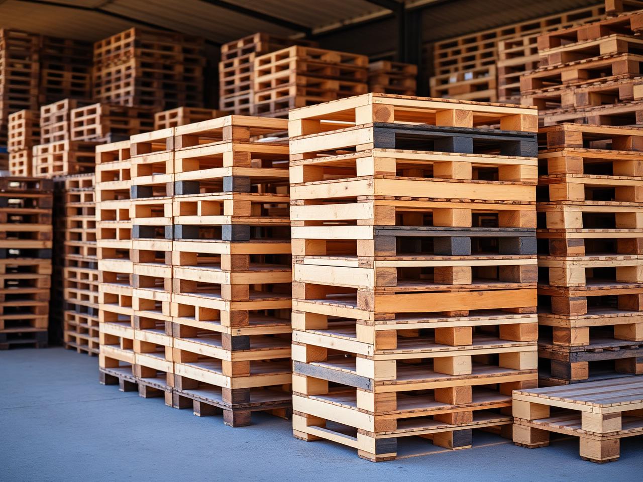 Stacks of recycled wooden pallets in a yard
